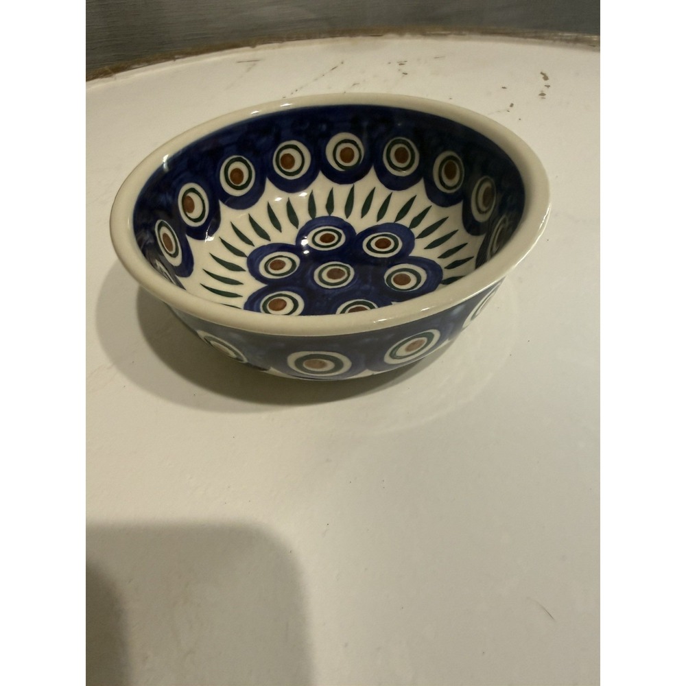 Boleslawiec Polish Pottery 6" Peacock Bowl. Hand-Made & Painted, Poland,